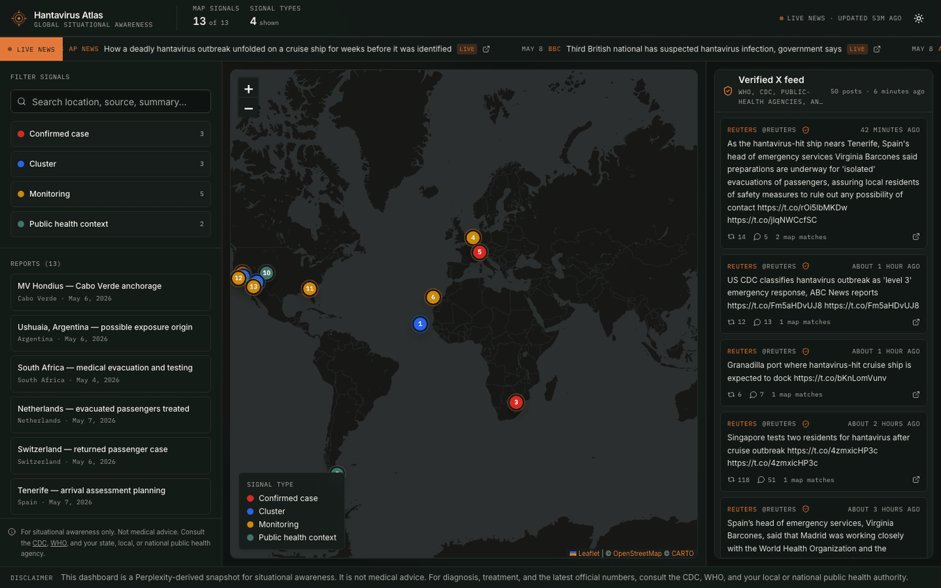 Hantavirus Tracker interactive map showing MV Hondius case, route, and monitoring signals