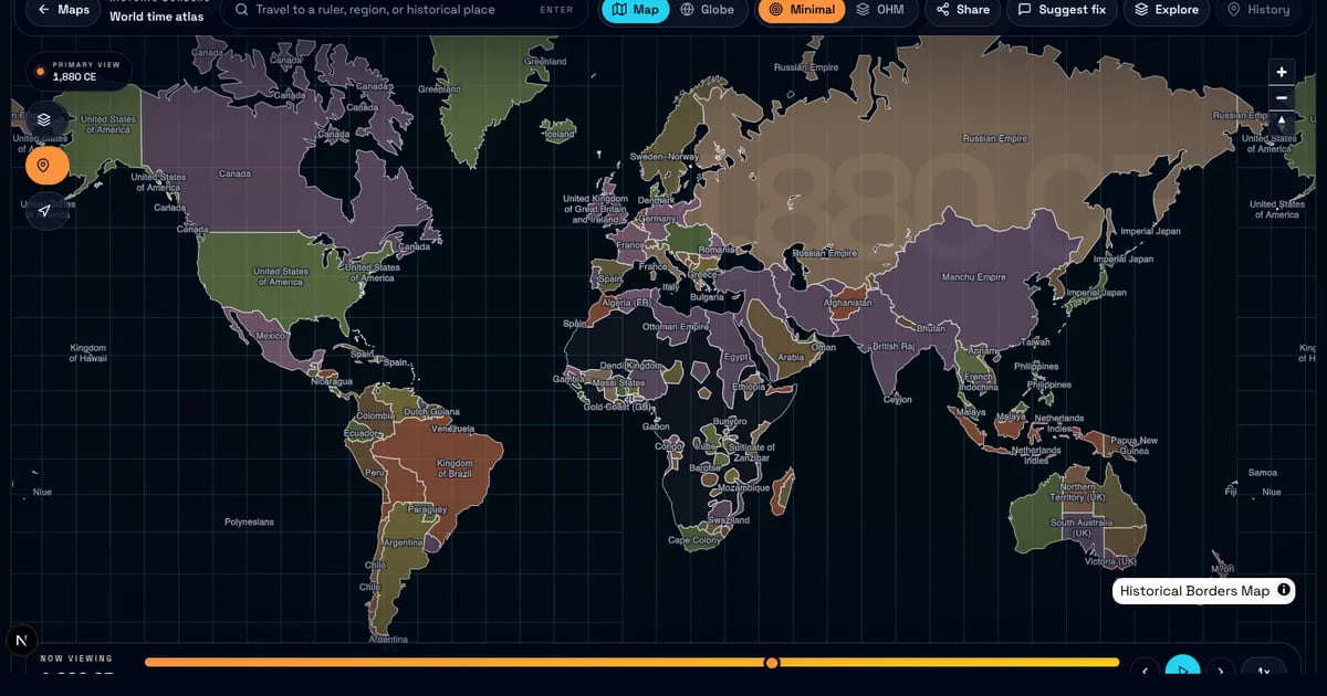 Historic Borders Explorer mostrando el mundo en 1880