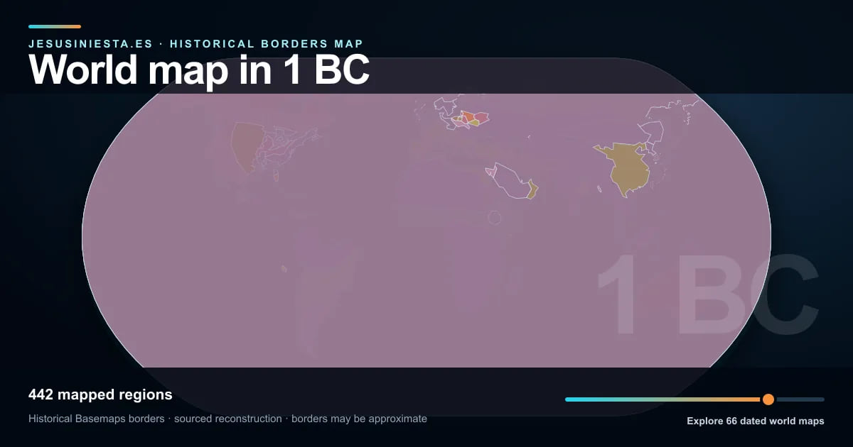 Reconstrucción del mapa histórico mundial con las regiones cartografiadas en 1 a. C.