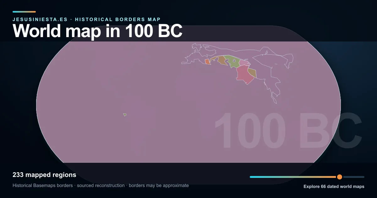 Reconstrucción del mapa histórico mundial con las regiones cartografiadas en 100 a. C.