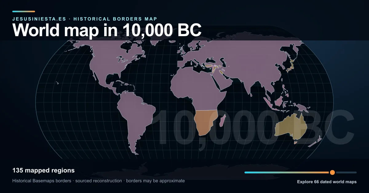Reconstrucción del mapa histórico mundial con las regiones cartografiadas en 10.000 a. C.