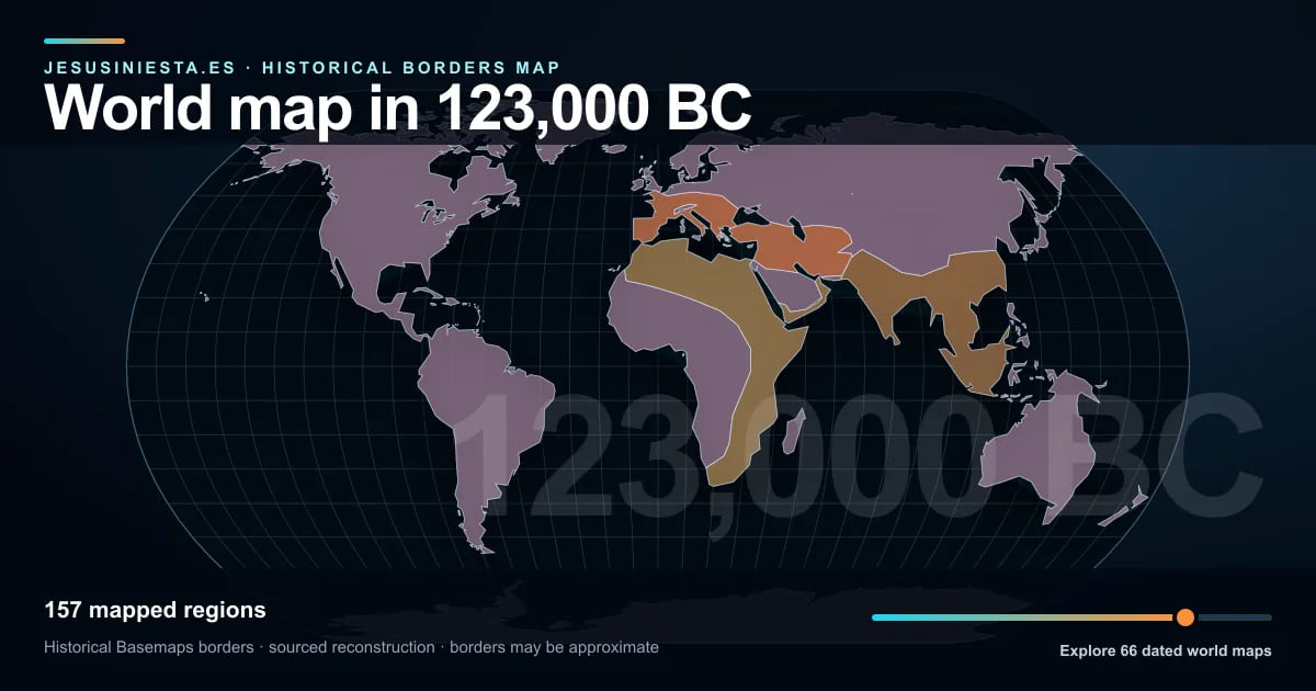 Reconstrucción del mapa histórico mundial con las regiones cartografiadas en 123.000 a. C.