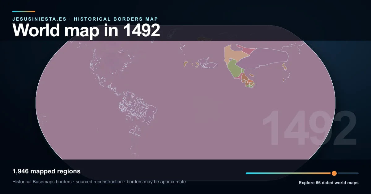 Reconstrucción del mapa histórico mundial con las regiones cartografiadas en 1492
