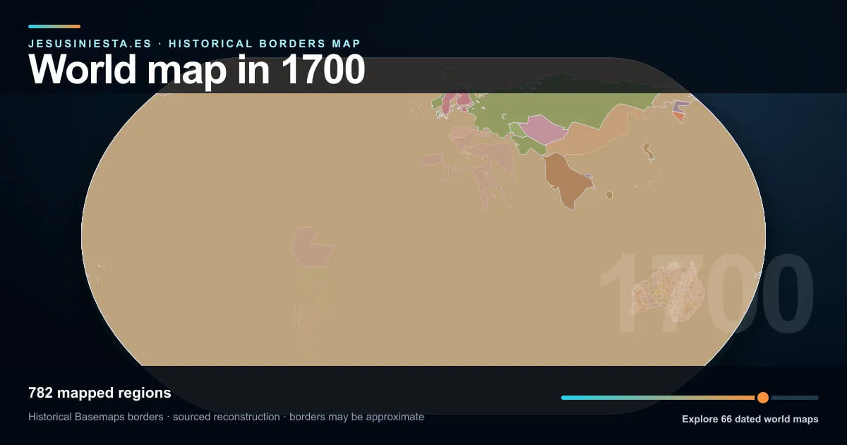 Reconstrucción del mapa histórico mundial con las regiones cartografiadas en 1700