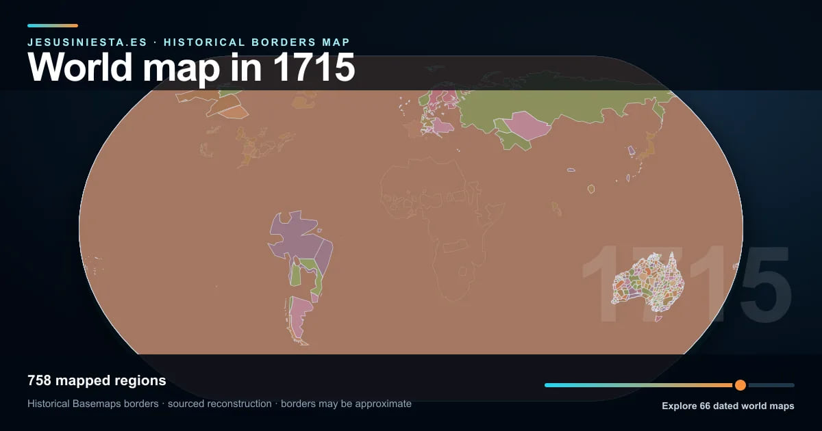 Reconstrucción del mapa histórico mundial con las regiones cartografiadas en 1715