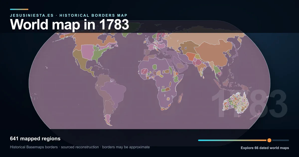 Reconstrucción del mapa histórico mundial con las regiones cartografiadas en 1783