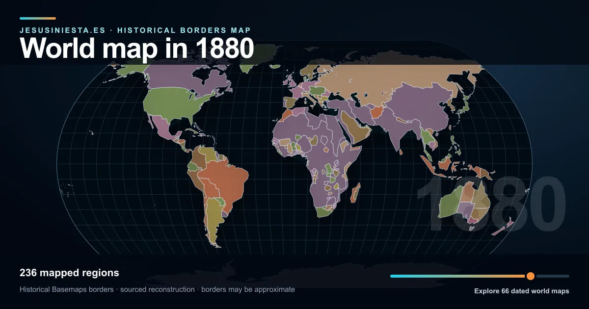 Reconstrucción del mapa histórico mundial con las regiones cartografiadas en 1880
