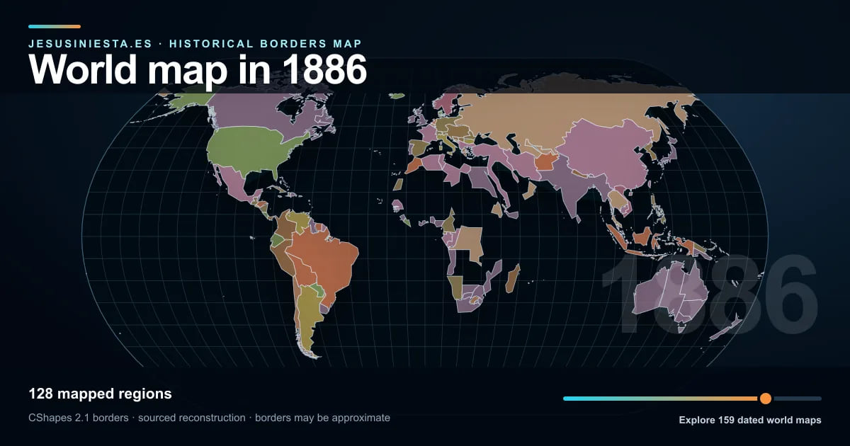 Historical world map reconstruction showing mapped regions in 1886