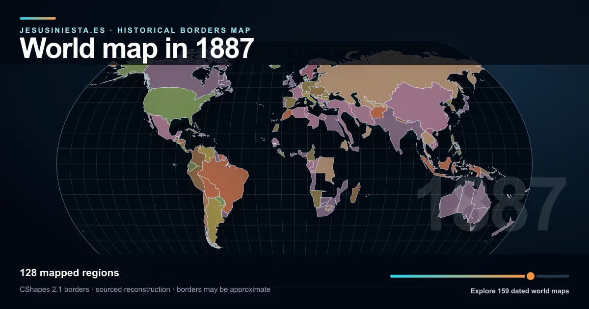 Historical world map reconstruction showing mapped regions in 1887
