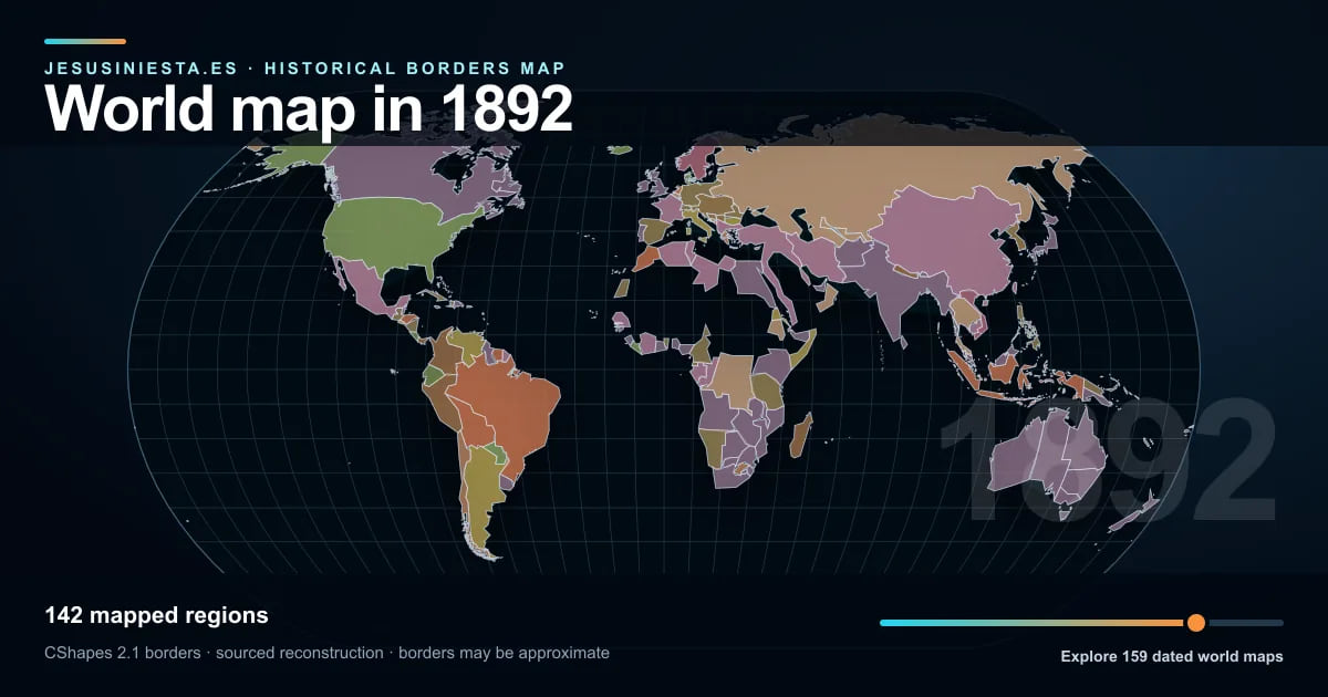 Historical world map reconstruction showing mapped regions in 1892