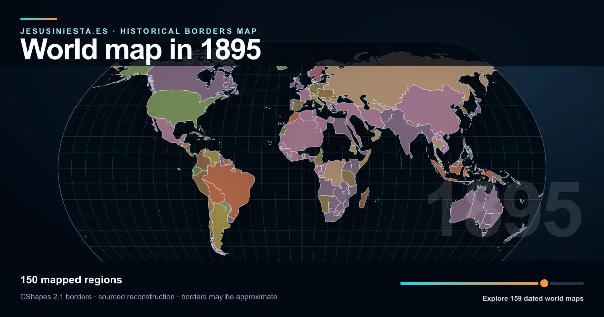 Historical world map reconstruction showing mapped regions in 1895