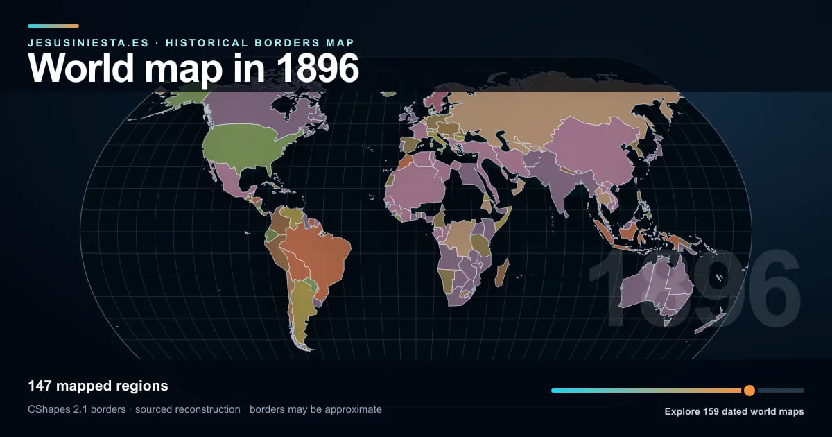 Historical world map reconstruction showing mapped regions in 1896