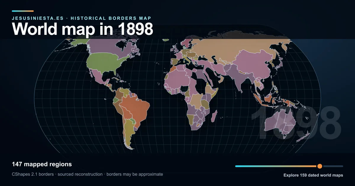 Historical world map reconstruction showing mapped regions in 1898