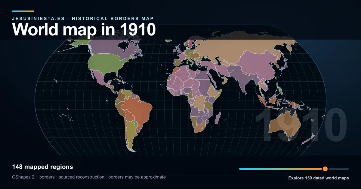 Historical world map reconstruction showing mapped regions in 1910