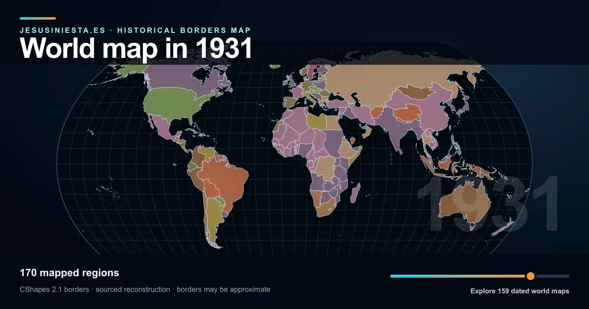 Historical world map reconstruction showing mapped regions in 1931