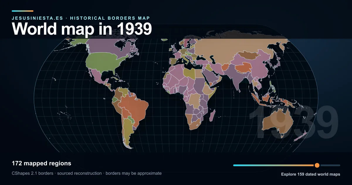 Historical world map reconstruction showing mapped regions in 1939