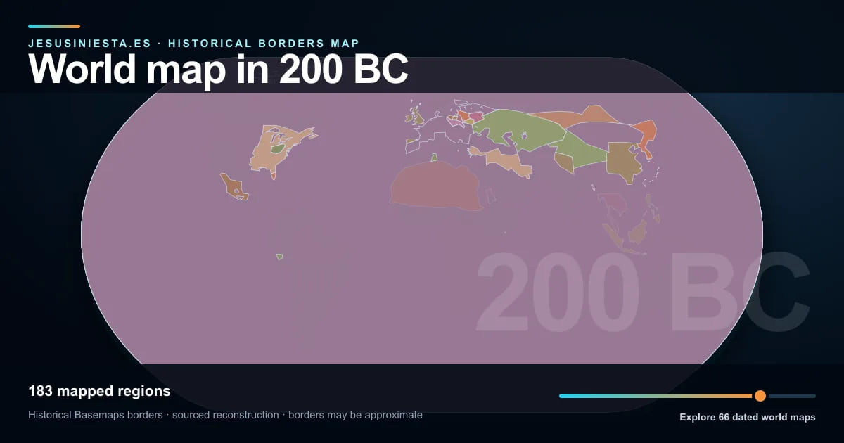 Reconstrucción del mapa histórico mundial con las regiones cartografiadas en 200 a. C.