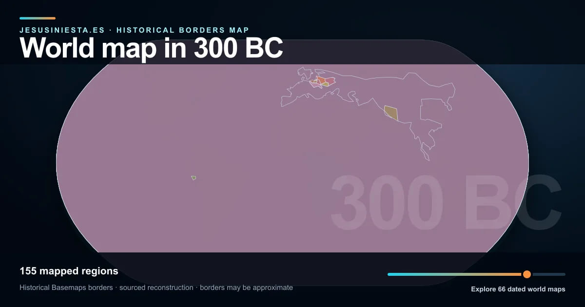 Reconstrucción del mapa histórico mundial con las regiones cartografiadas en 300 a. C.