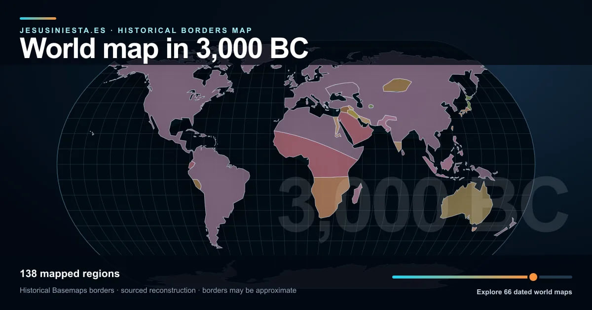 Reconstrucción del mapa histórico mundial con las regiones cartografiadas en 3000 a. C.