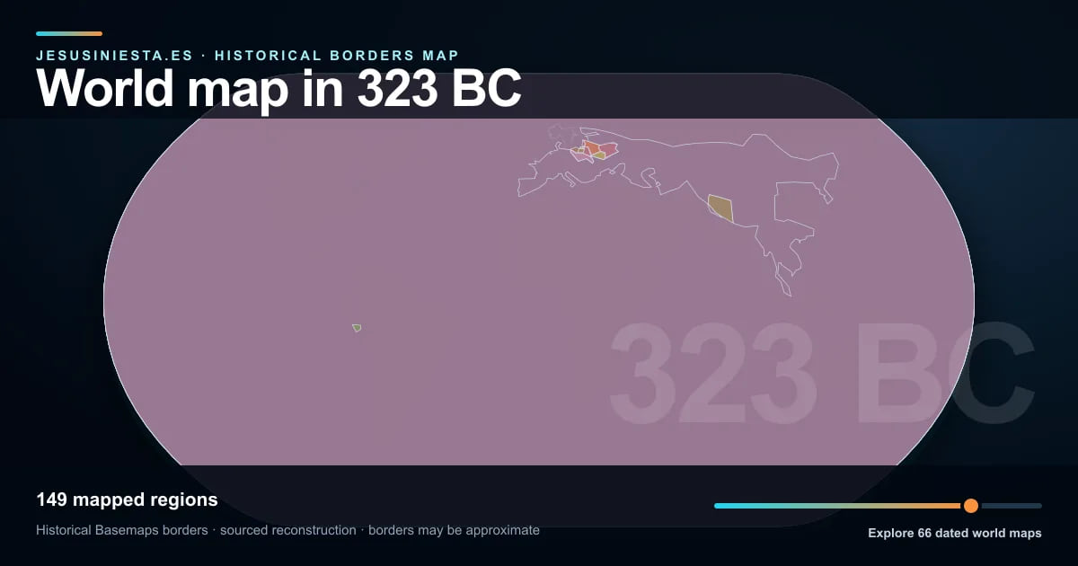 Reconstrucción del mapa histórico mundial con las regiones cartografiadas en 323 a. C.