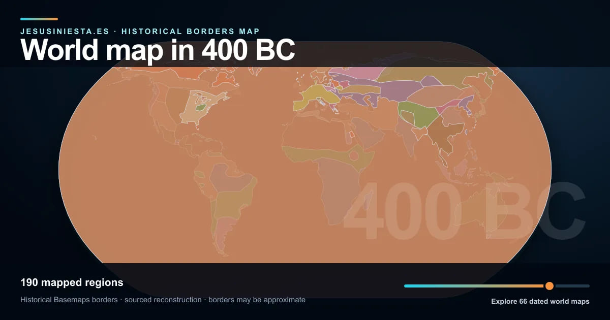 Reconstrucción del mapa histórico mundial con las regiones cartografiadas en 400 a. C.