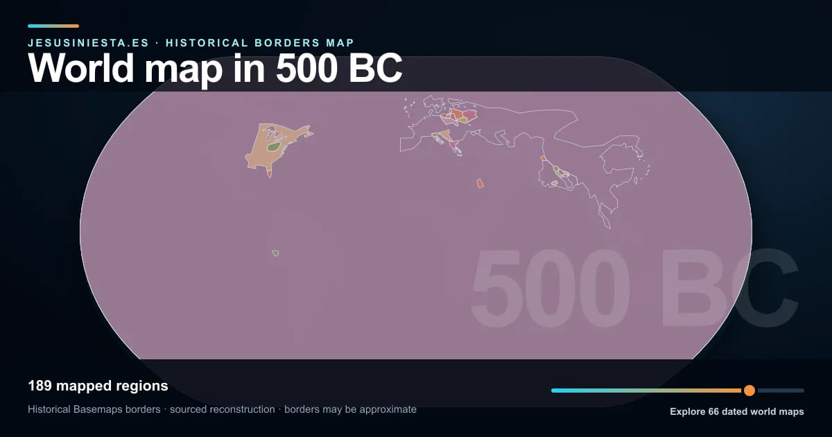 Reconstrucción del mapa histórico mundial con las regiones cartografiadas en 500 a. C.