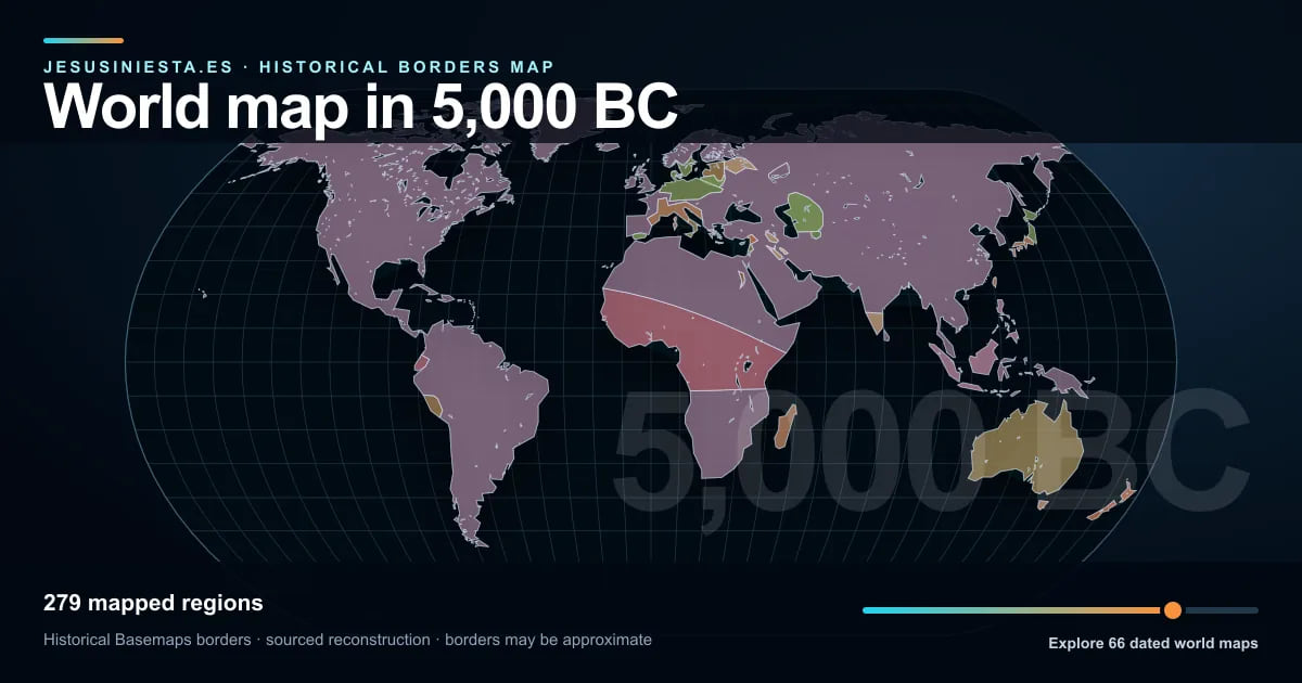 Reconstrucción del mapa histórico mundial con las regiones cartografiadas en 5000 a. C.