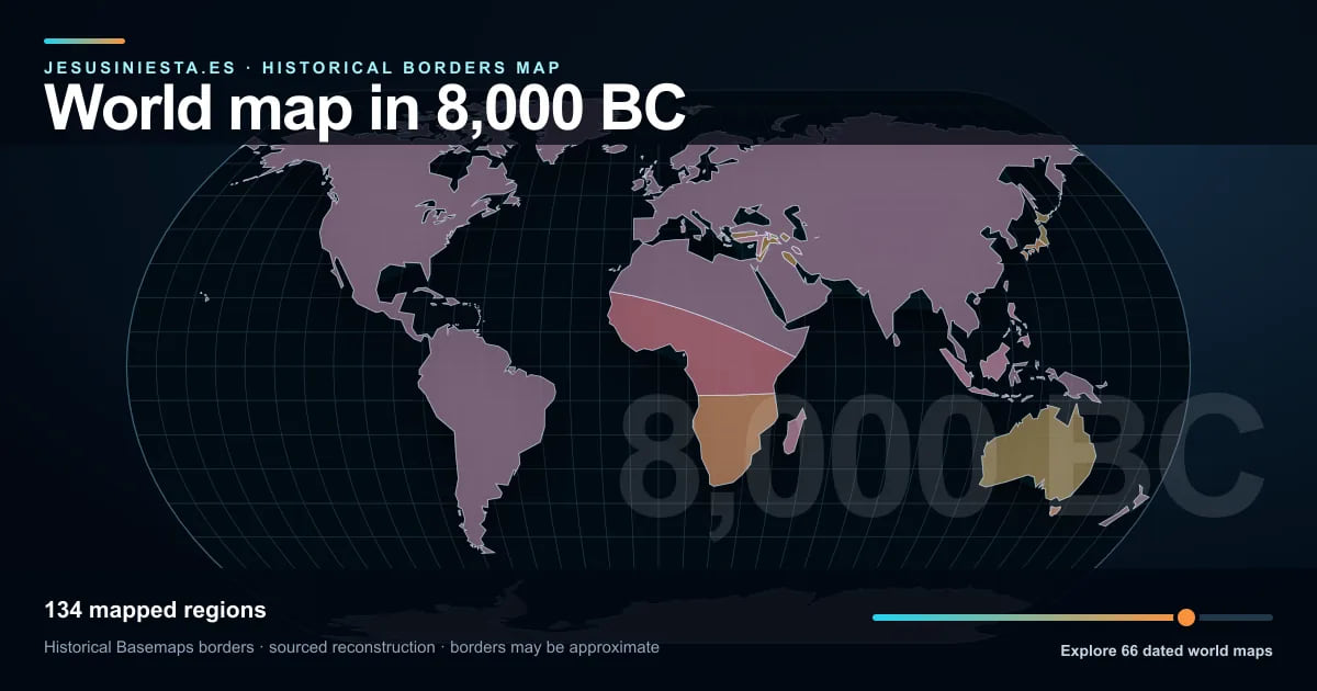 Reconstrucción del mapa histórico mundial con las regiones cartografiadas en 8000 a. C.